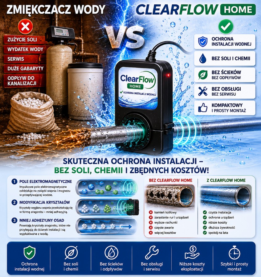 Infographic comparing ClearFlow Home water protection device to a traditional system, highlighting salt- and chemical-free water protection and maintenance benefits.