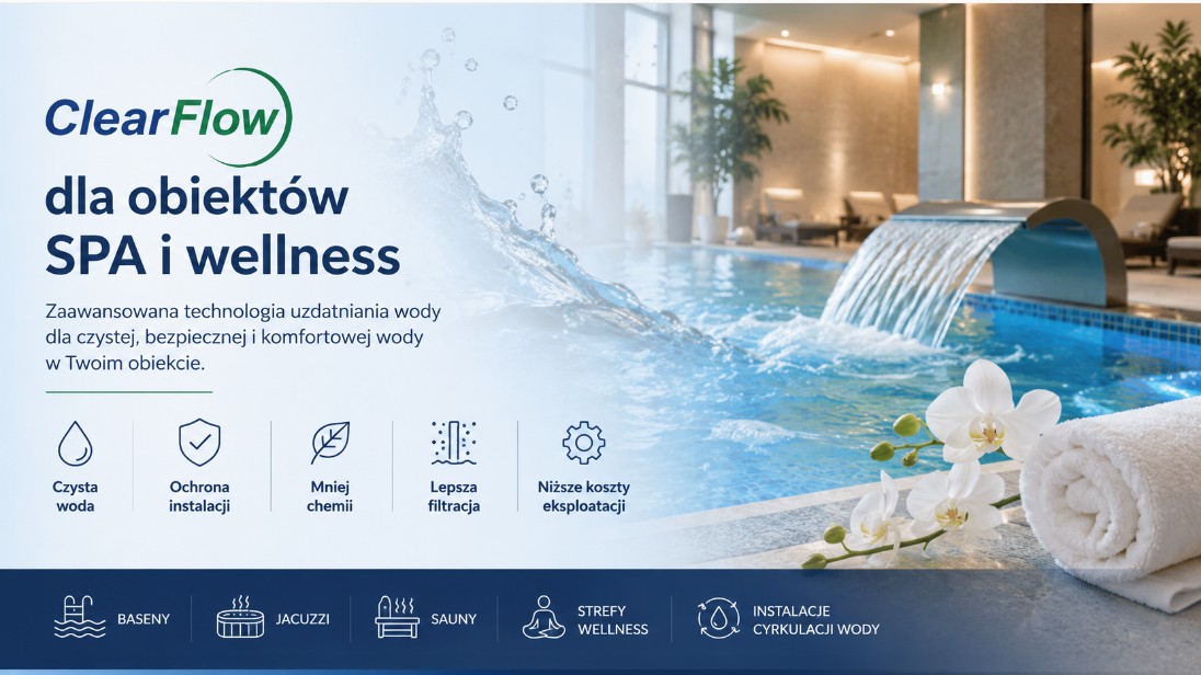 ClearFlow banner promoting water treatment for SPA and wellness facilities with pool scene and waterfall.
