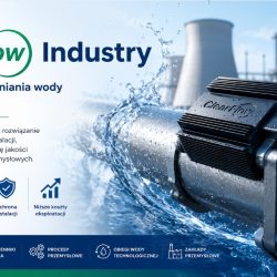 Banner for ClearFlow Industry: industrial water–treatment device on a pipe with splashy water and the company logo on the left.