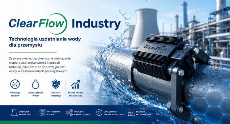 Banner for ClearFlow Industry: industrial water–treatment device on a pipe with splashy water and the company logo on the left.