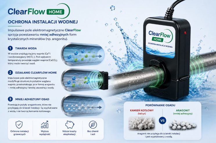 Informative poster of the ClearFlow Home water conditioner installed on a pipe, with cross‑section diagrams showing mineral buildup reduction and water flow.