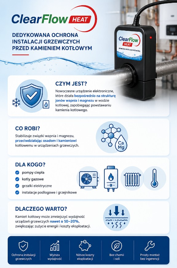 Infographic poster for ClearFlow Heat with a pipe-mounted device; sections explain what it is, what it does, who it’s for, and why it’s worth it, plus icons.